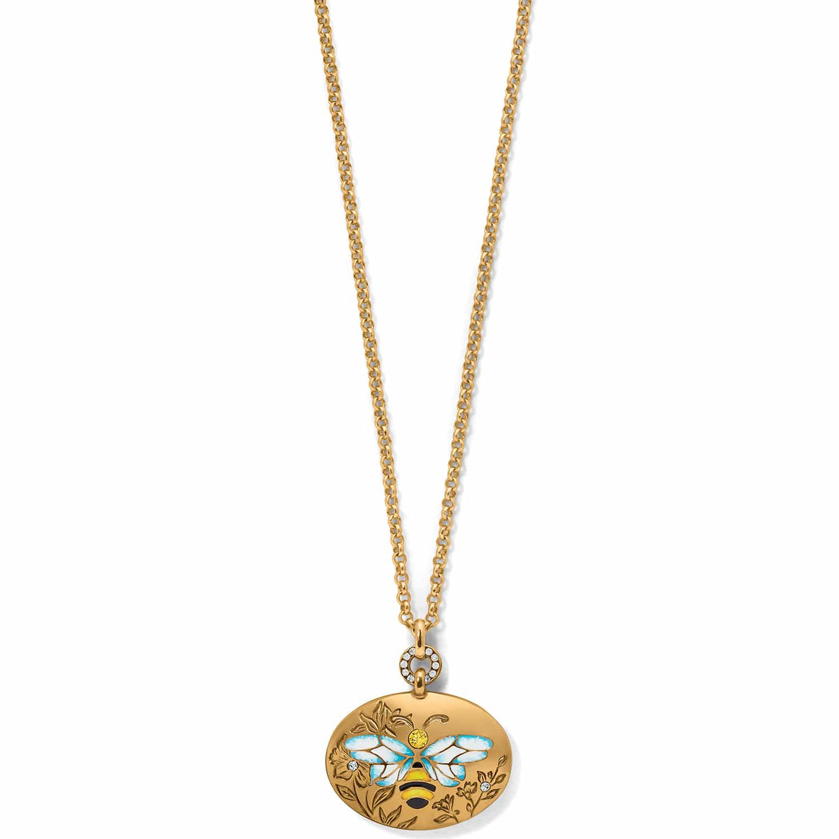 Brighton pendant necklace with gold plated oval bee medallion, enamel wings, and crystal accents on a white background