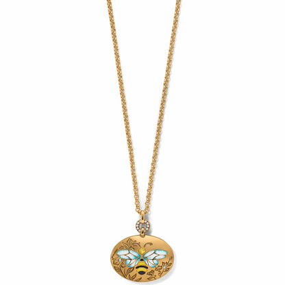 Brighton pendant necklace with gold plated oval bee medallion, enamel wings, and crystal accents on a white background