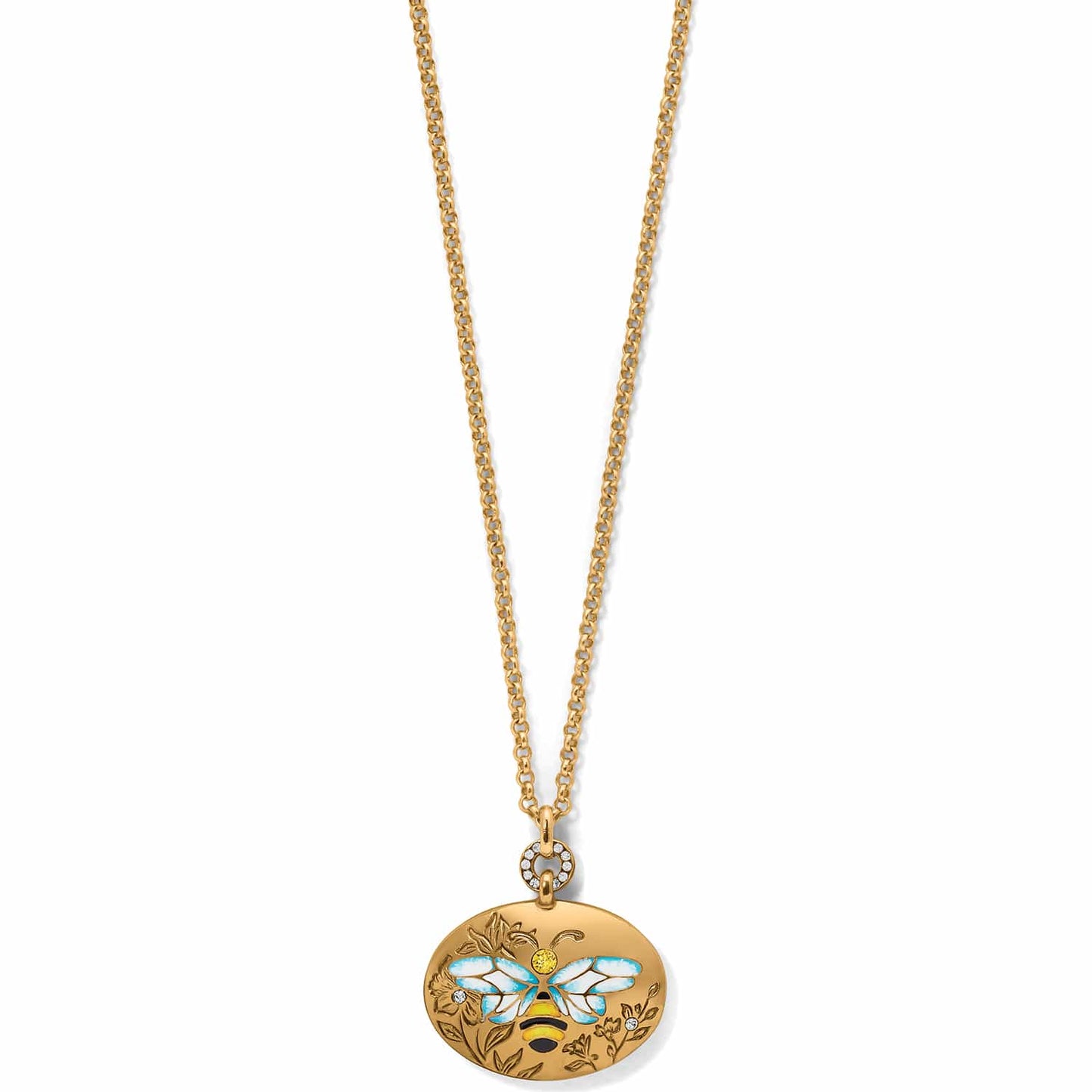 Brighton pendant necklace with gold plated oval bee medallion, enamel wings, and crystal accents on a white background