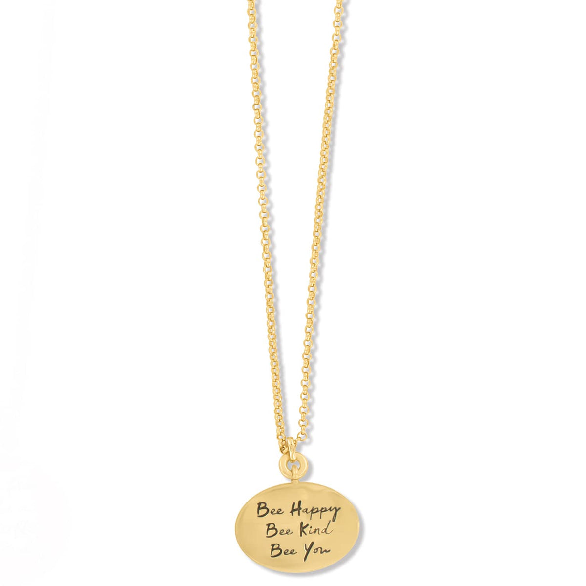 Brighton pendant necklace with gold-plated oval charm engraved Bee Happy Bee Kind Bee You on a white background