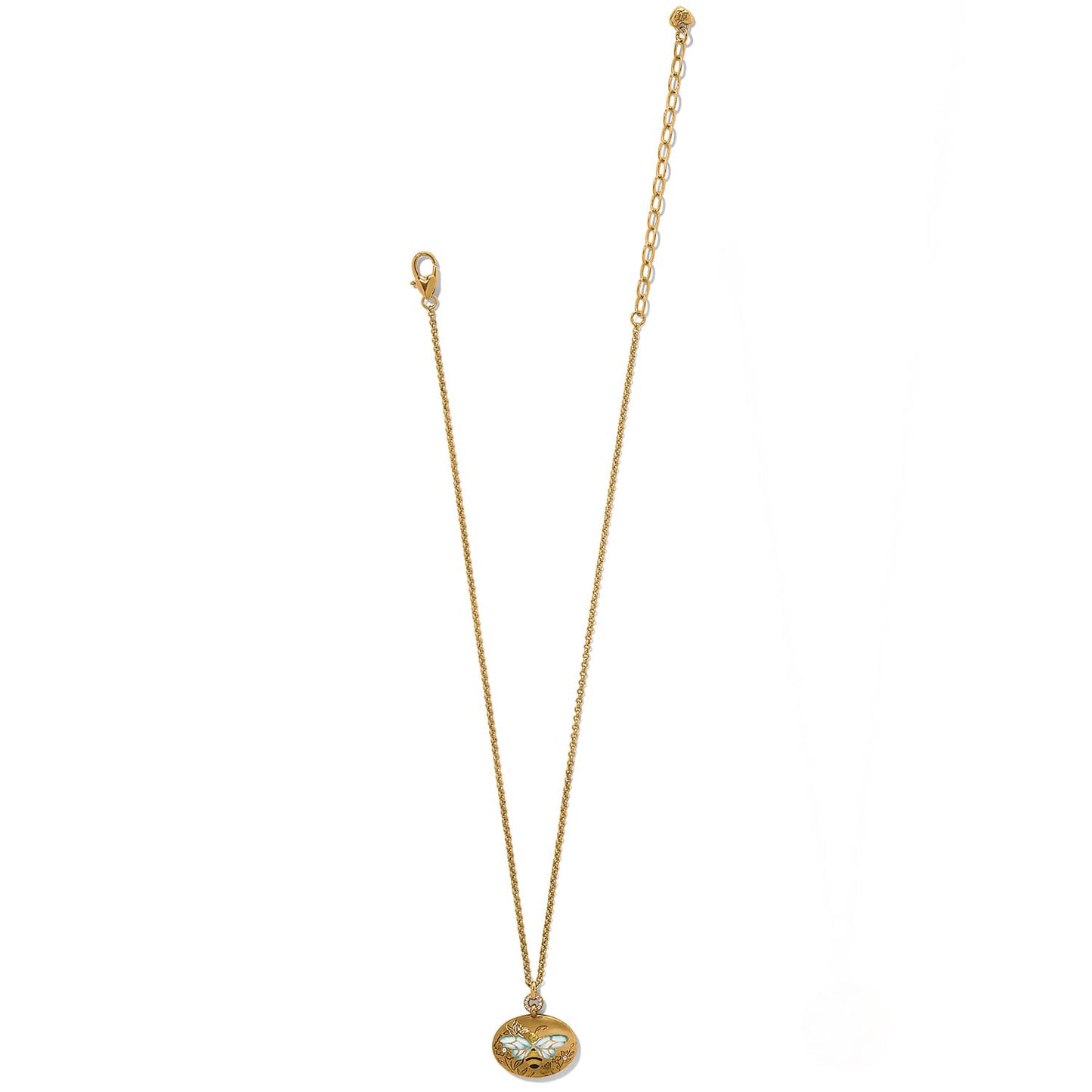 Brighton gold-plated pendant necklace with enamel bee medallion, crystal accents, and lobster clasp on a white background