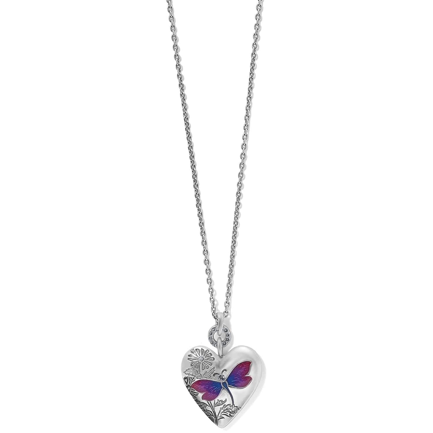 Brighton pendant necklace with silver-plated heart, enamel butterfly, floral engraving, and crystal accents on a white background