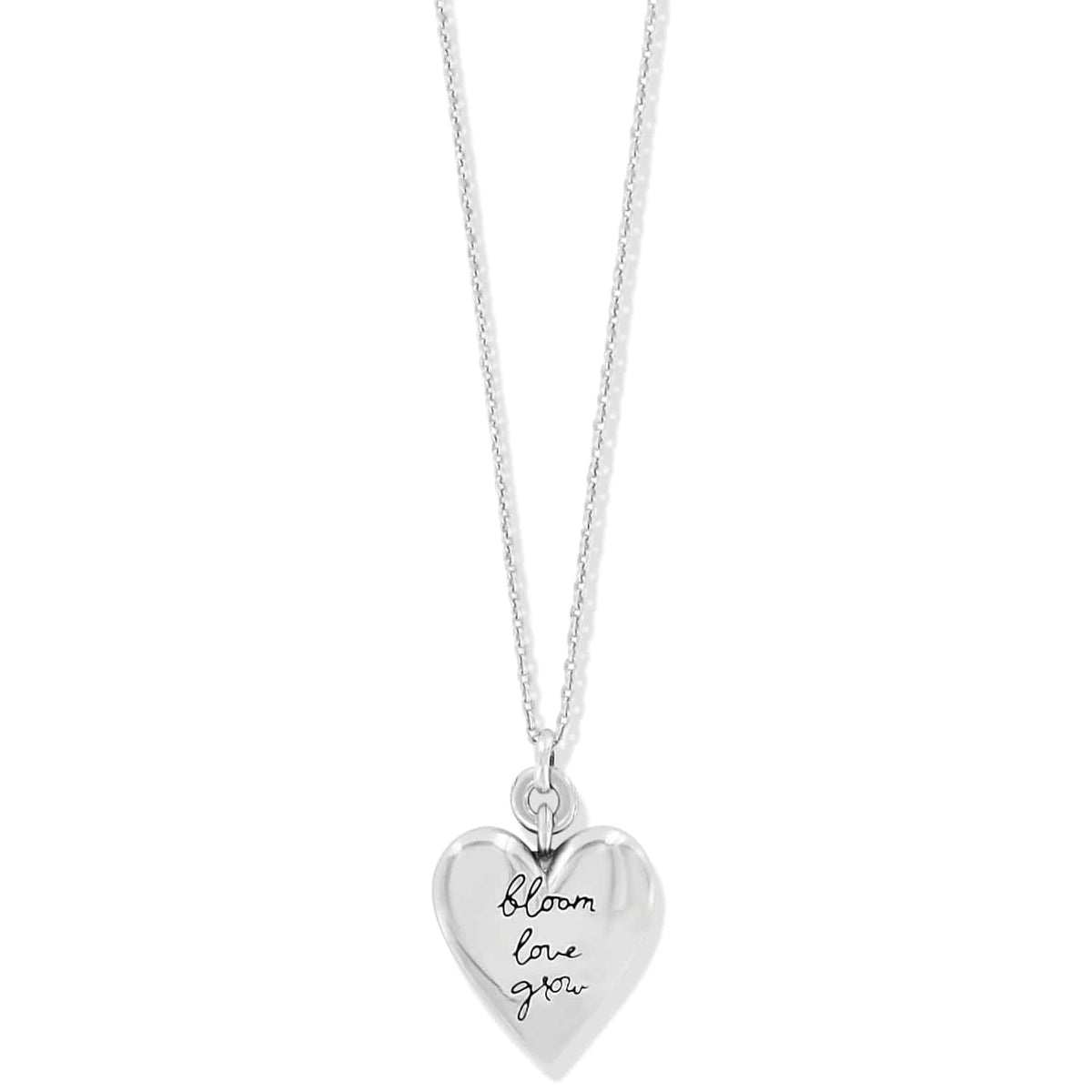Brighton pendant necklace with silver-plated heart charm engraved with bloom love grow script on a white background
