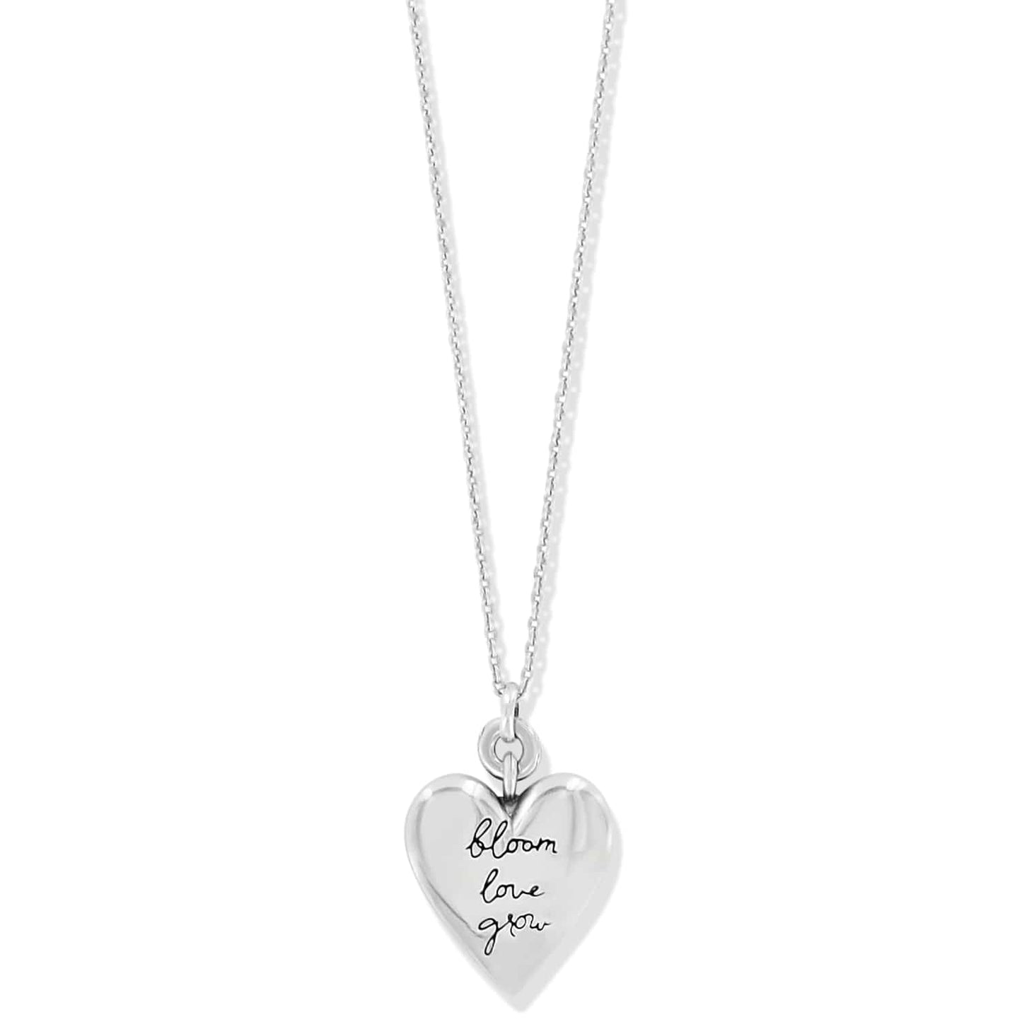 Brighton pendant necklace with silver-plated heart charm engraved with bloom love grow script on a white background
