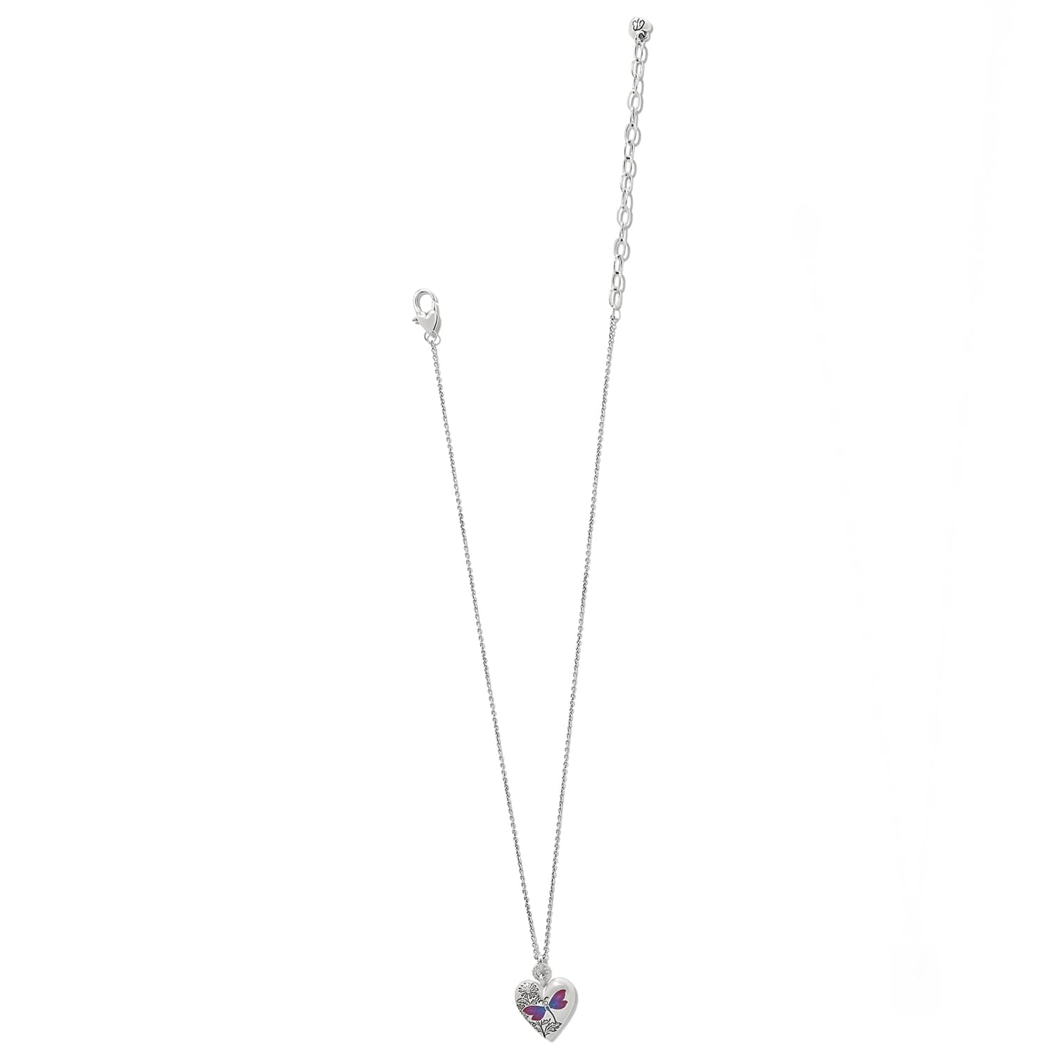 Brighton silver-plated necklace with heart pendant featuring enamel butterfly and crystal accents on a white background