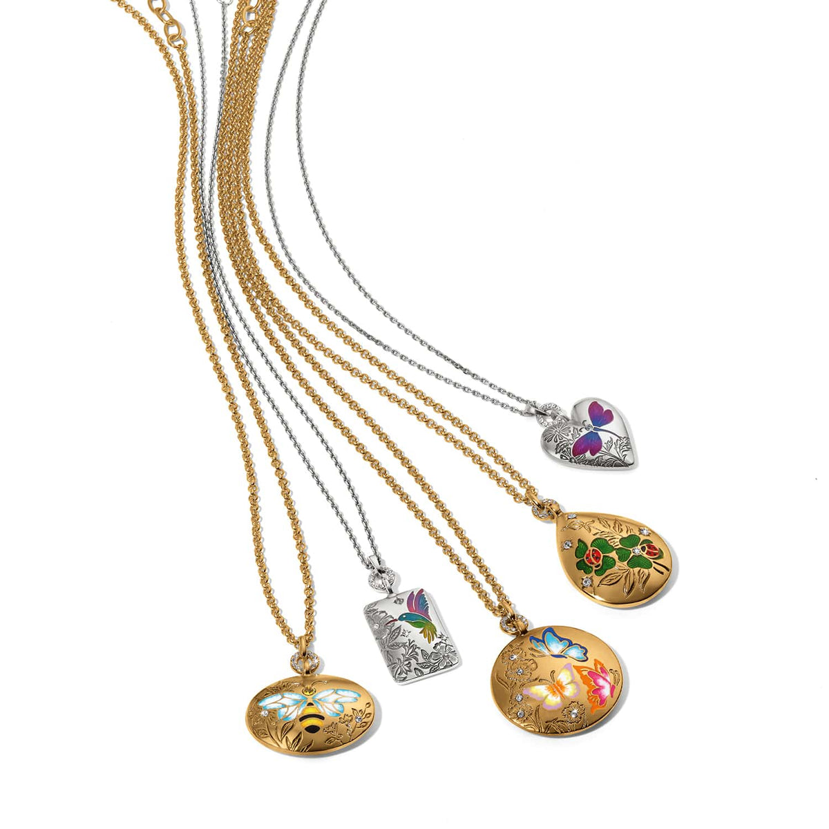 Brighton pendant necklaces with silver and gold-tone chains featuring enamel butterfly, bee, hummingbird, and floral designs on a white background