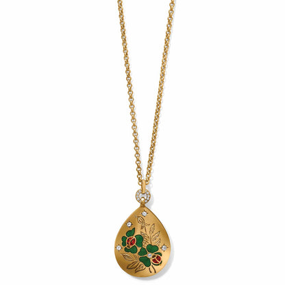 Brighton pendant necklace with gold-plated teardrop featuring enamel floral ladybug design and crystal accents on a white background