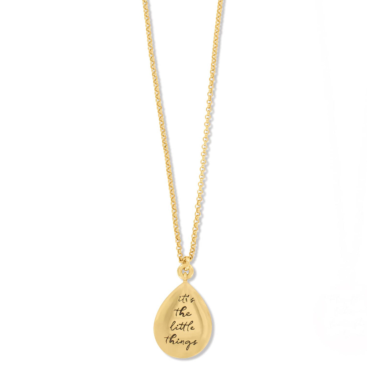 Brighton gold-plated pendant necklace with teardrop charm engraved with the phrase it's the little things on a white background