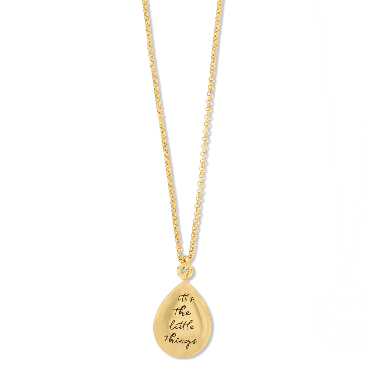 Brighton gold-plated pendant necklace with teardrop charm engraved with the phrase it's the little things on a white background