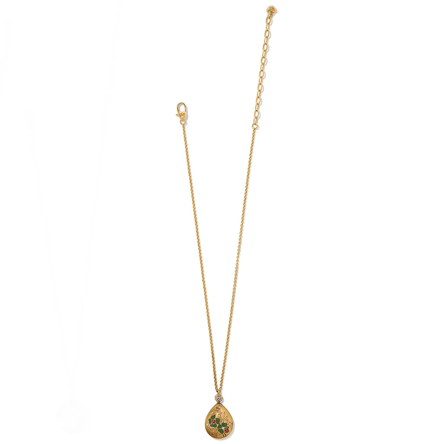 Brighton gold-plated pendant necklace with teardrop charm featuring enamel floral design and crystal accents on a white background
