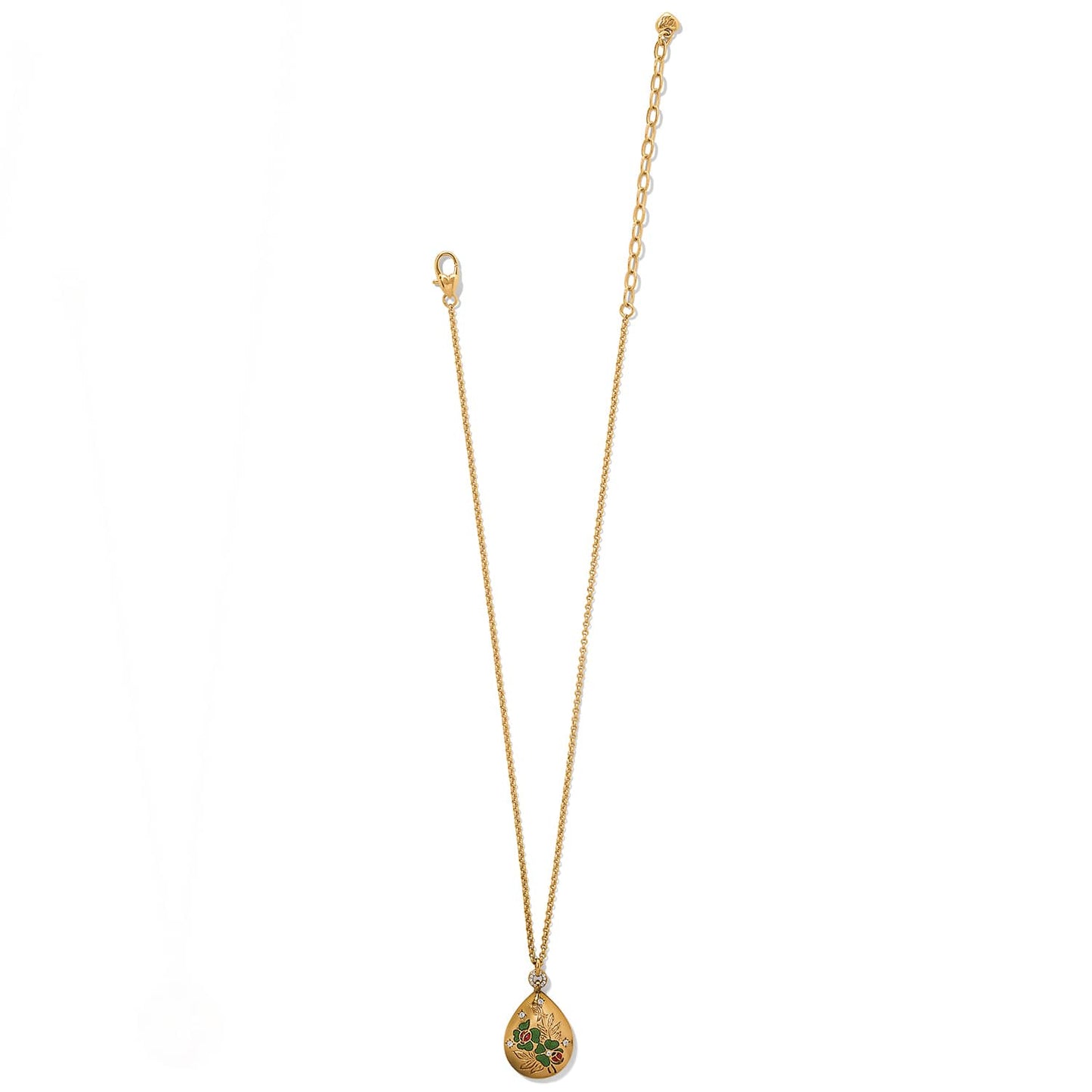 Brighton gold-plated pendant necklace with teardrop charm featuring enamel floral design and crystal accents on a white background