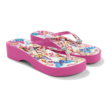 Brighton pink rubber flip-flop sandals with floral and butterfly print footbed and crystal accents on a white background