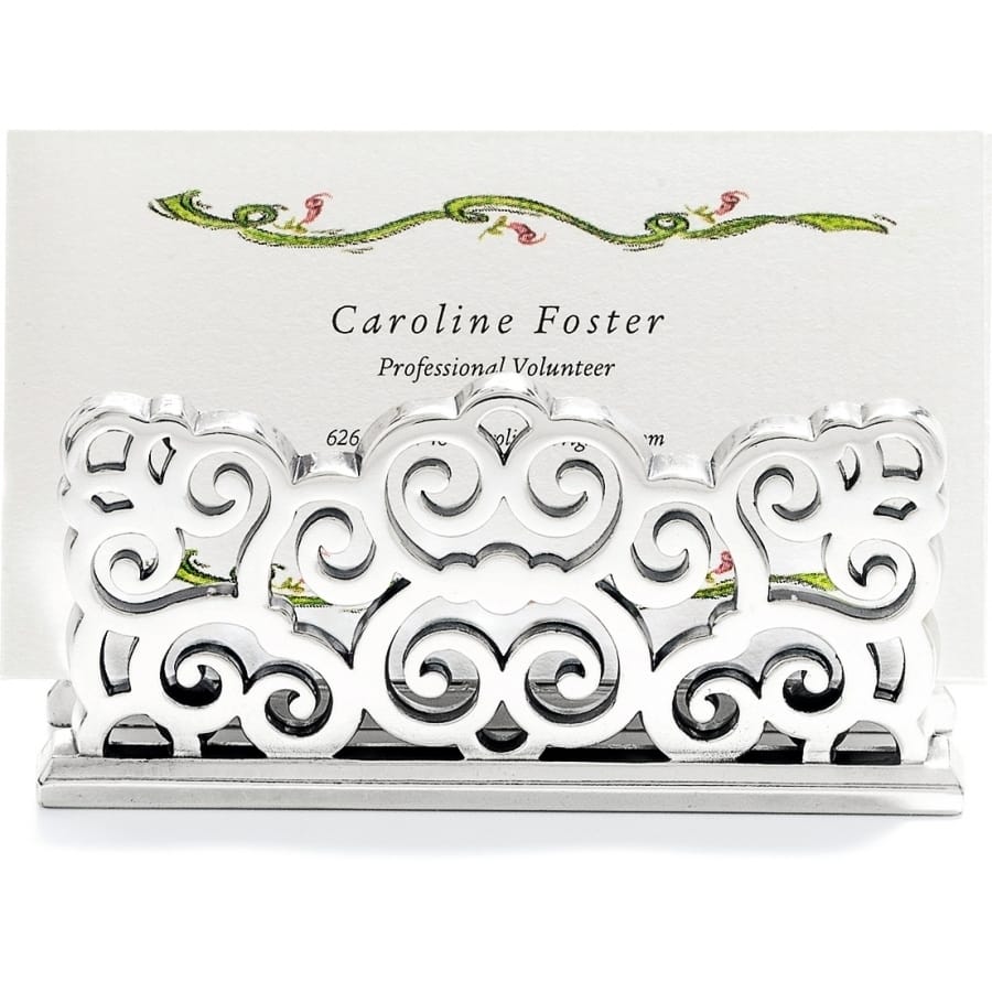 Brighton business card holder with silver-plated ornate scrollwork design holding a printed card on a white background