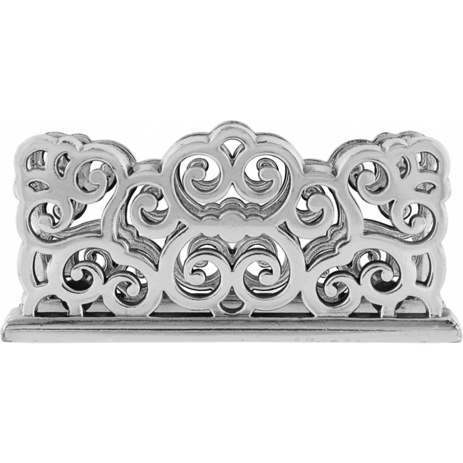 Brighton business card holder with silver-plated openwork scroll design and rectangular base on a white background