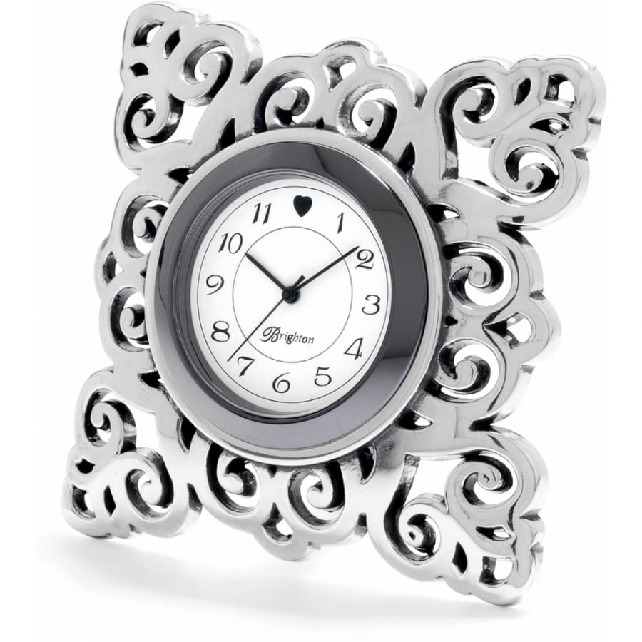 Brighton clock with ornate silver-plated scrollwork frame and white analog dial with black numerals on a white background