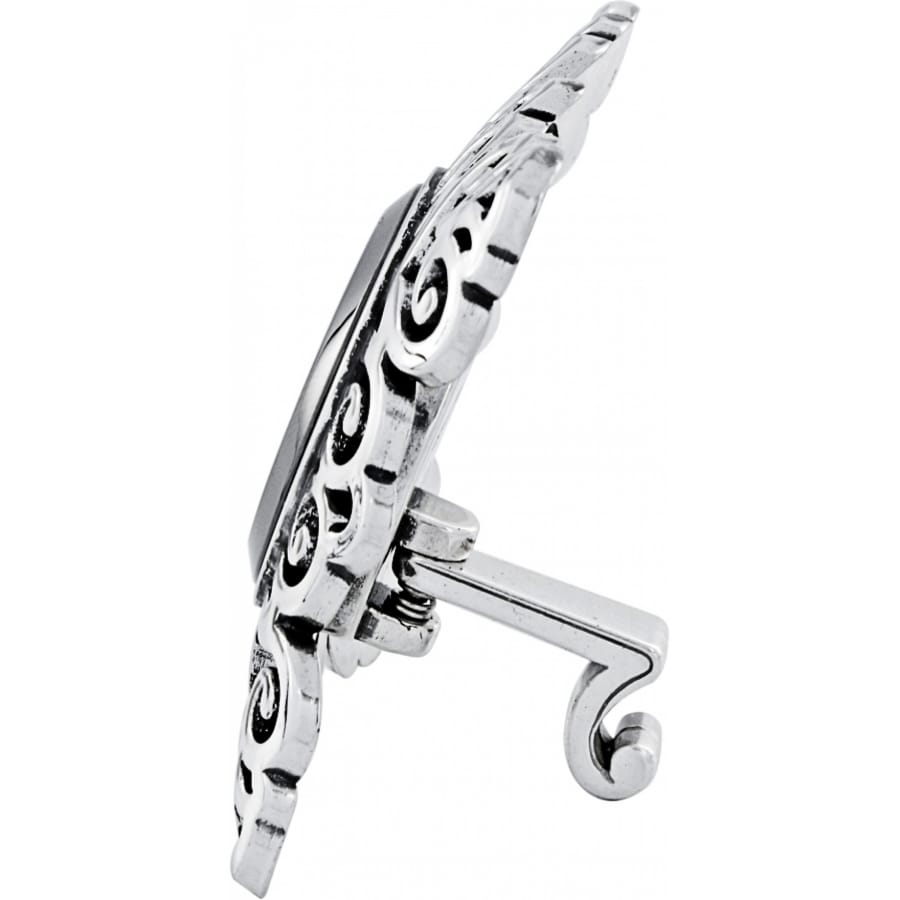 Brighton ring side view with silver-plated scrollwork band and dark oval center stone on a white background