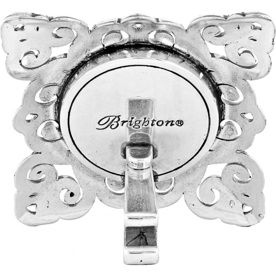 Brighton ornate scrollwork accessory shown from the back with silver-plated finish and engraved logo on a white background