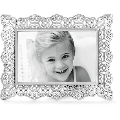 Brighton photo frame with silver-plated ornate scrollwork border surrounding a rectangular photo opening on a white background