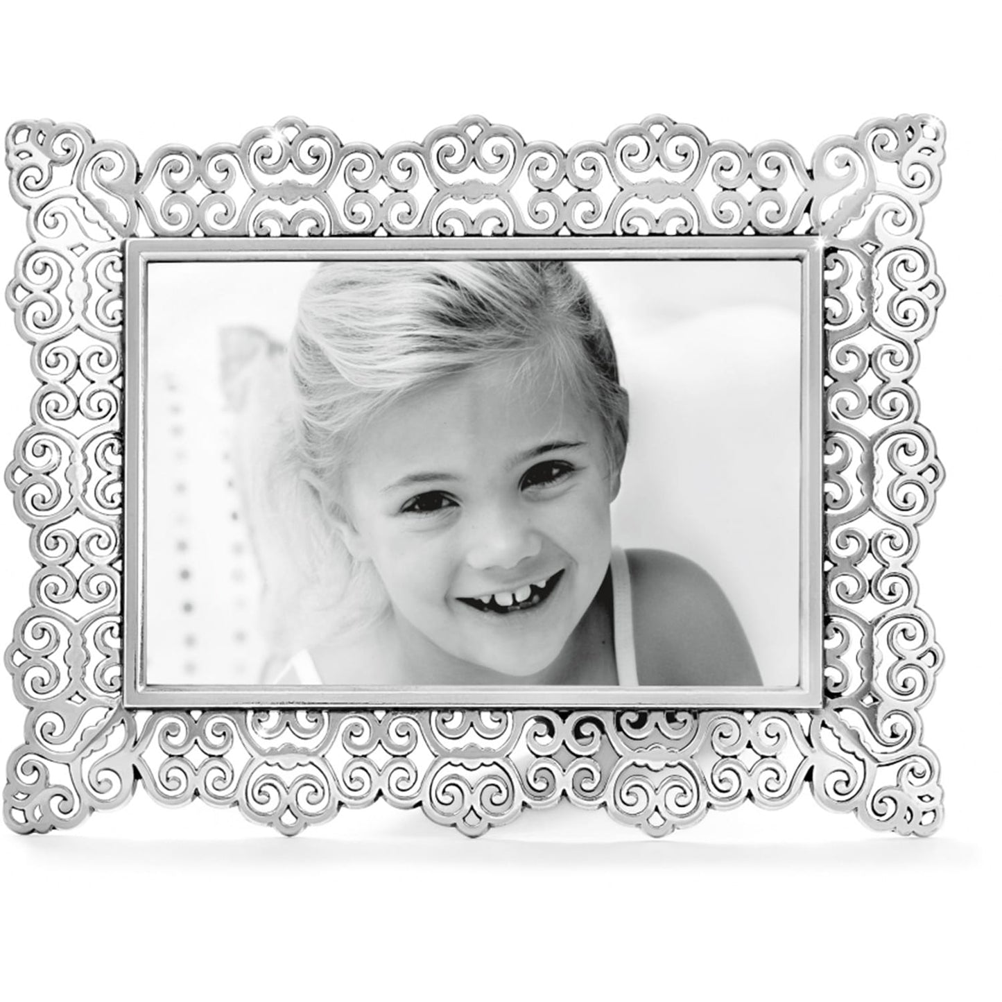 Brighton photo frame with silver-plated ornate scrollwork border surrounding a rectangular photo opening on a white background