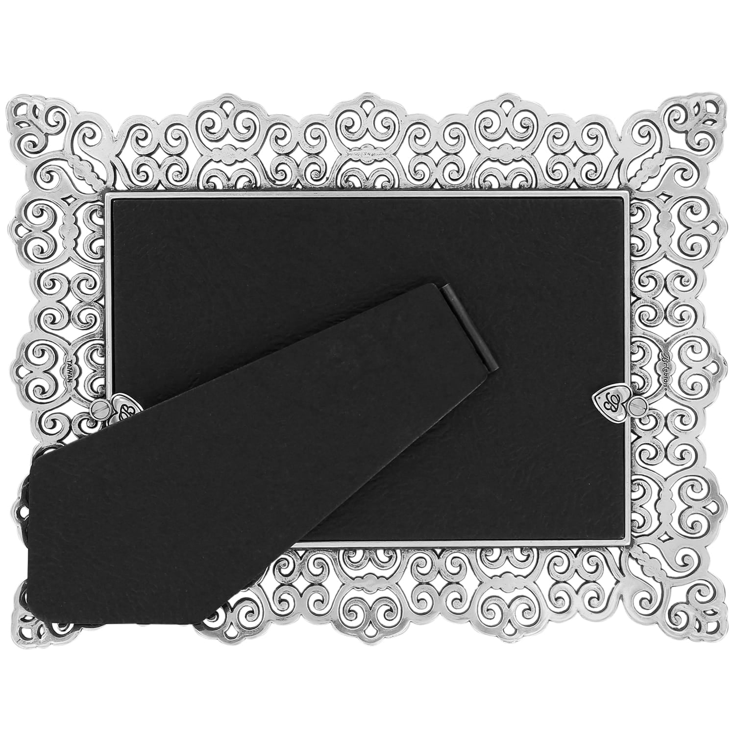 Brighton silver-plated picture frame shown from the back with ornate scroll filigree border and easel stand on a white background