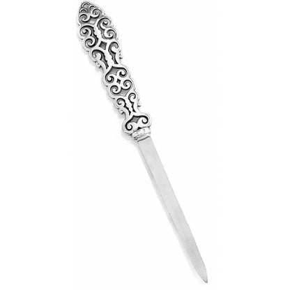 Brighton letter opener with silver-plated ornate scrollwork handle and slim polished blade on a white background