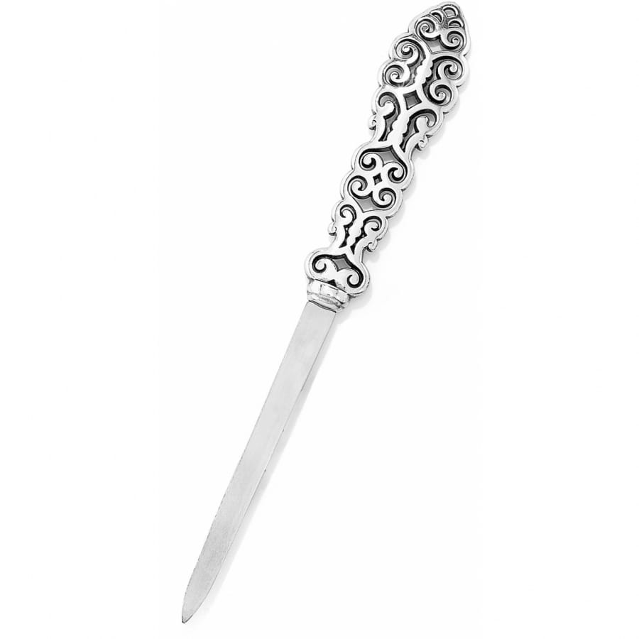 Brighton letter opener with ornate silver-plated scrollwork handle and polished slim blade on a white background