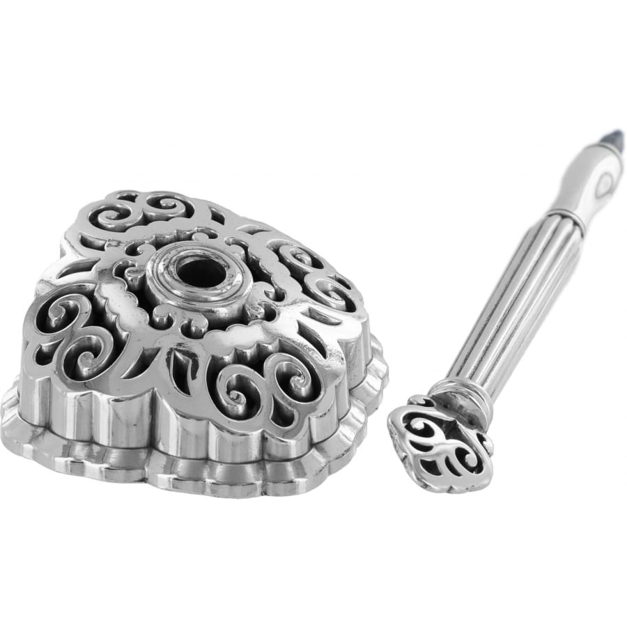 Brighton heart-shaped decorative box with silver-plated scrollwork design and matching ornate wand on a white background