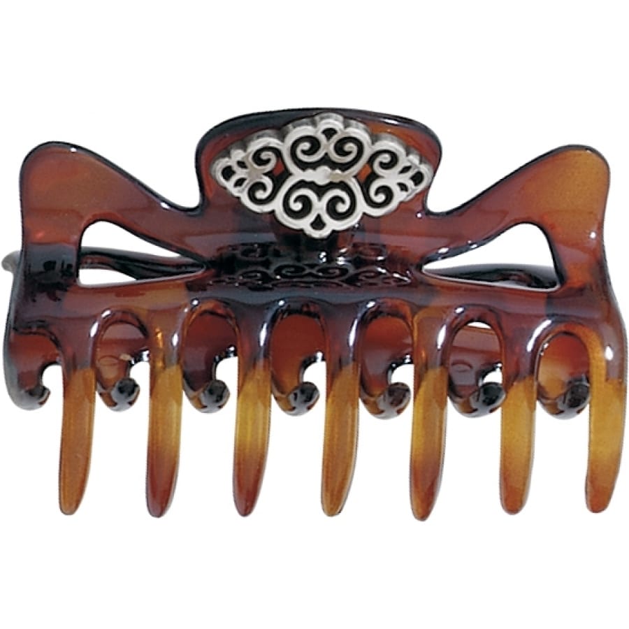 Brighton hair claw clip in tortoise finish with ornate silver-tone scrollwork medallion accent on a white background