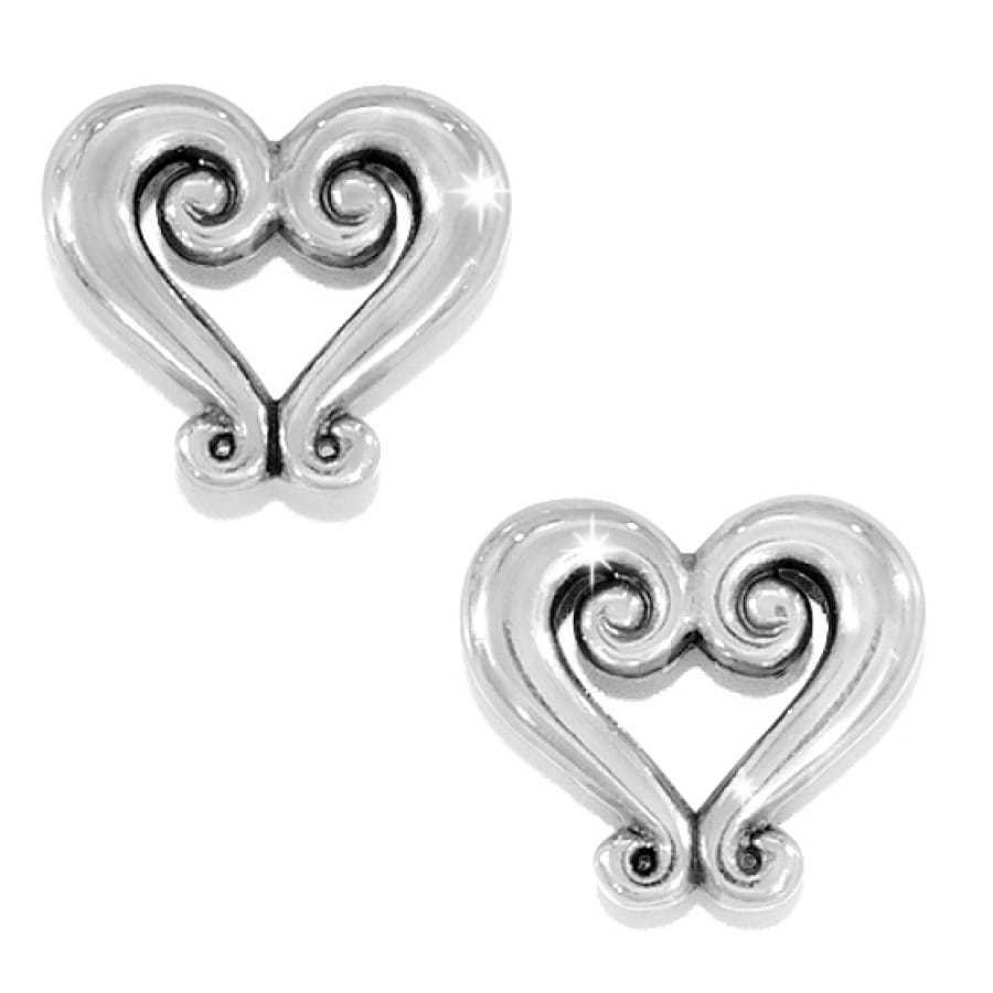 Brighton earrings with silver-plated scrolled heart design featuring swirled openwork details on a white background