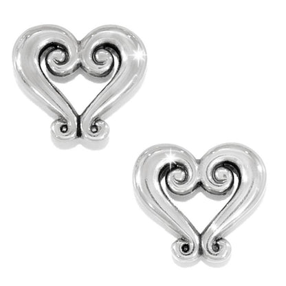 Brighton earrings with silver-plated scrolled heart design featuring swirled openwork details on a white background