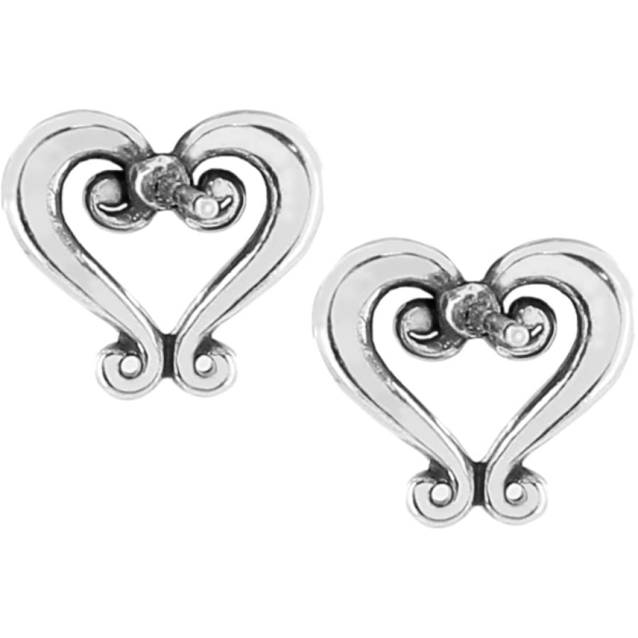 Brighton stud earrings with silver-plated scrolled heart design and decorative curled accents on a white background