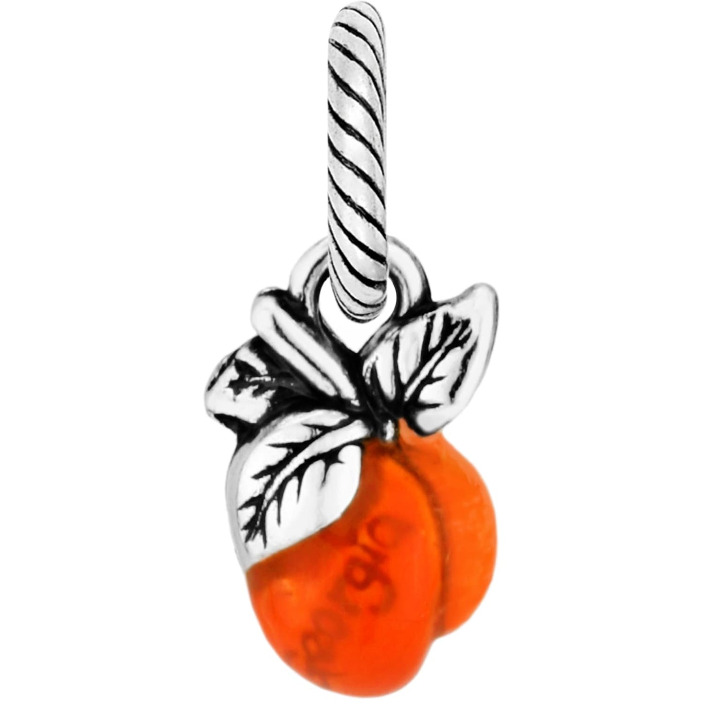 Brighton pumpkin charm with orange enamel finish and silver-tone leaves on a twisted bail on a white background