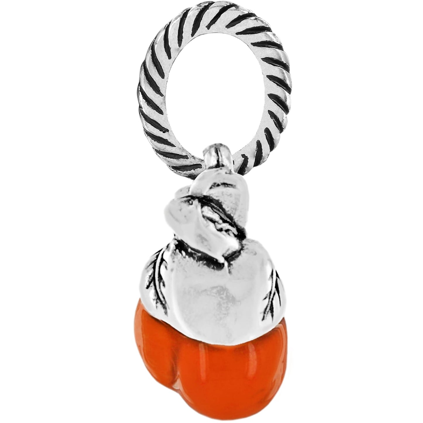 Brighton pumpkin charm with orange enamel finish and silver-tone leaf detail with rope-textured ring on a white background