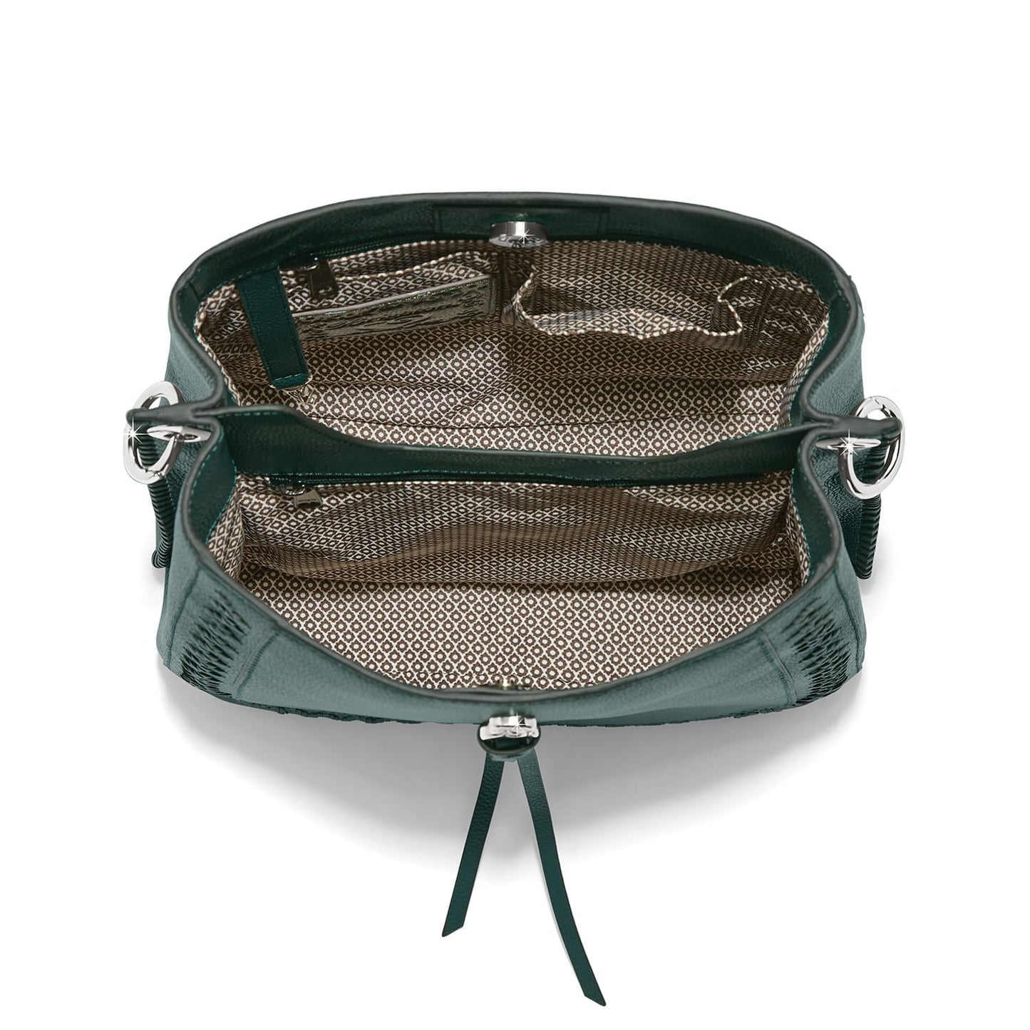 Close-up of Brighton green leather handbag interior view showing patterned fabric lining and multiple organizational compartments