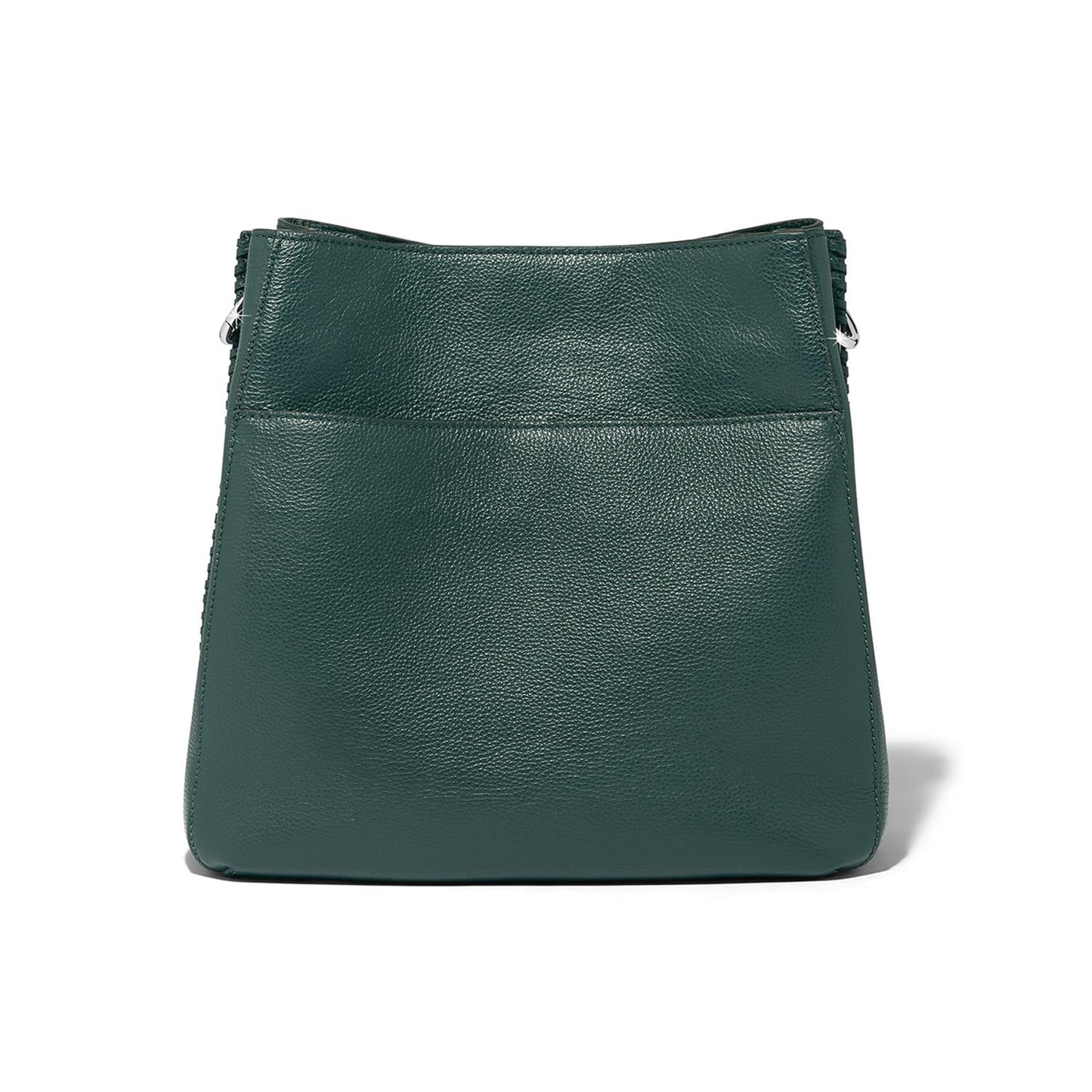 Brighton handbag shown from the back in dark green pebbled leather with slip pocket on a white background