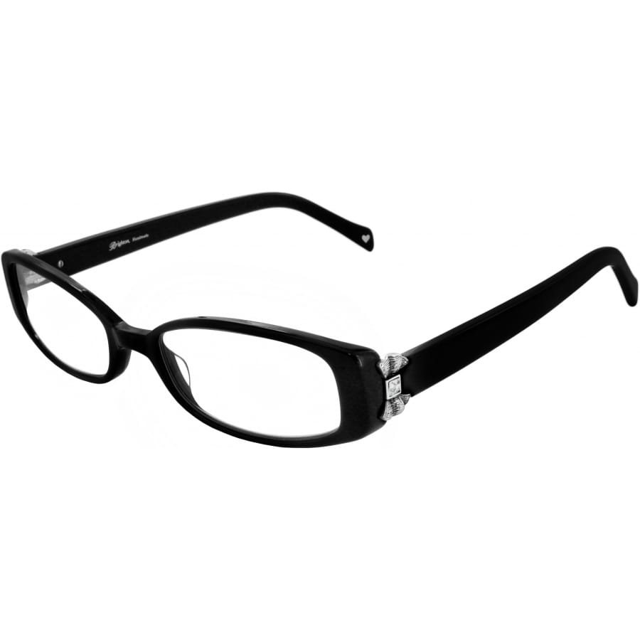 Brighton black eyeglass frames with silver-tone crystal accents at temples and slim rectangular lenses on a white background