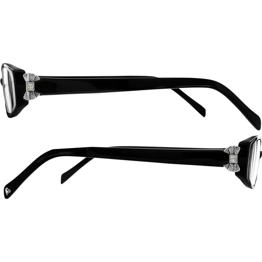 Brighton black eyeglass frames with silver-tone bow accents at temples, shown from both sides on a white background