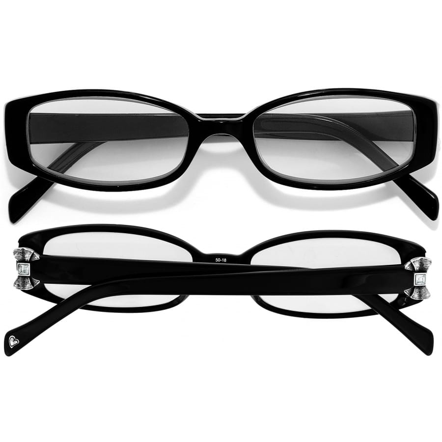 Brighton black reading glasses with rectangular lenses and silver-tone crystal temple accents, shown from two angles on a white background