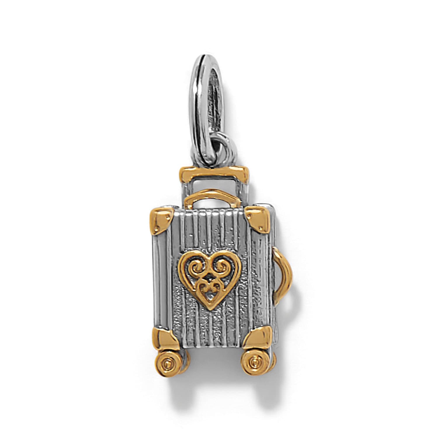 Brighton suitcase charm in two-tone finish with ribbed silver-tone body and gold-tone heart, corners, and wheels on a white background