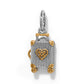 Brighton suitcase charm with ribbed silver-tone body, gold-tone heart medallion, corners, and wheels on a white background