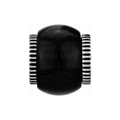 Brighton charm bead with polished black center and silver-plated ridged end caps on a white background