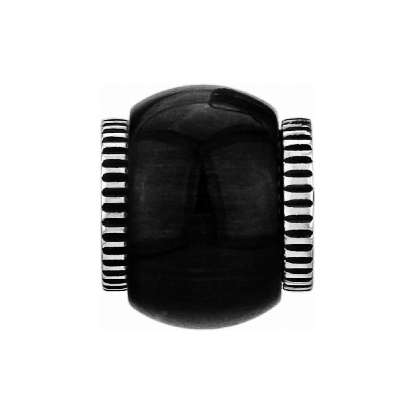 Brighton charm bead with polished black center and silver-plated ridged end caps on a white background