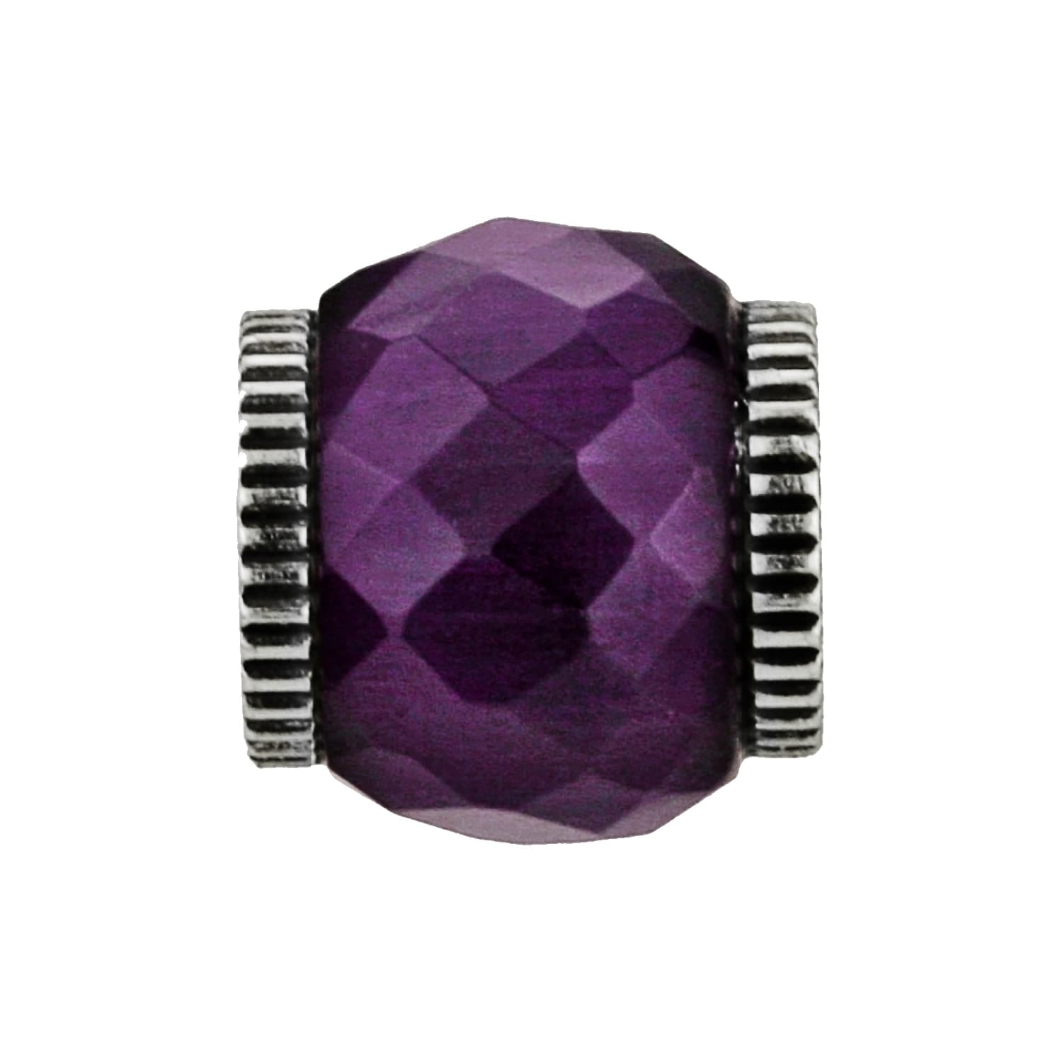 Brighton charm bead with faceted purple stone center and silver-plated ridged end caps on a white background
