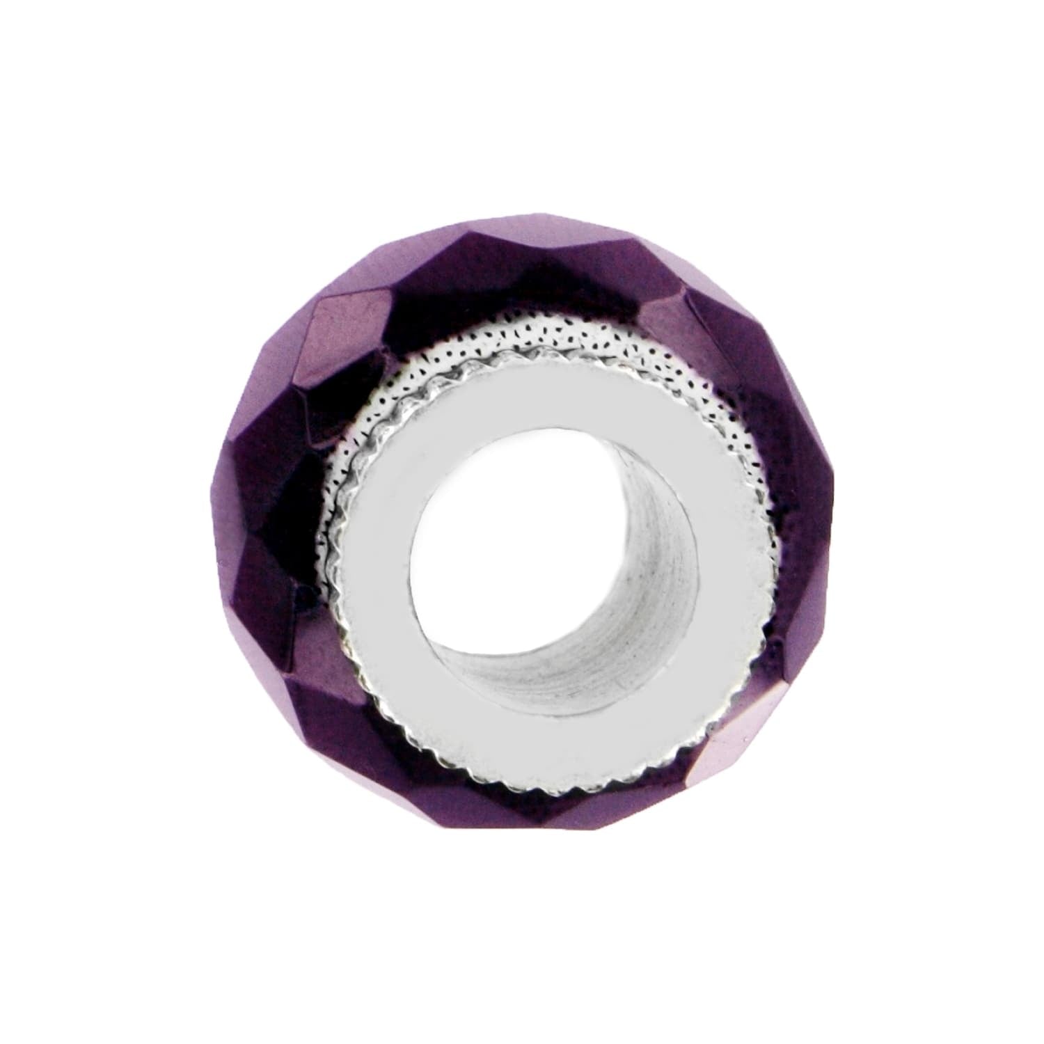 Brighton charm bead with faceted purple glass exterior and silver-plated center core shown from the side on a white background