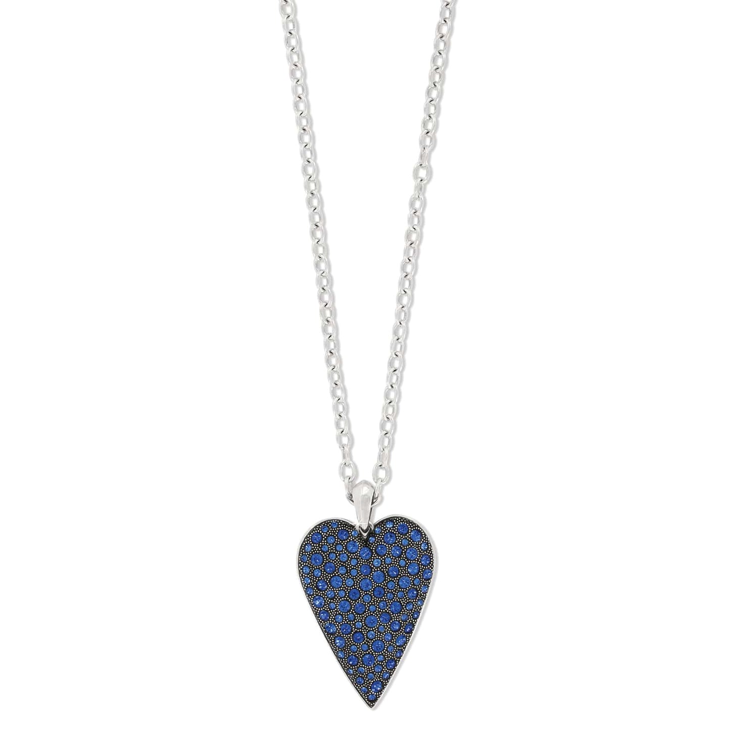 Brighton heart pendant necklace with blue crystals and silver-plated chain on a white background