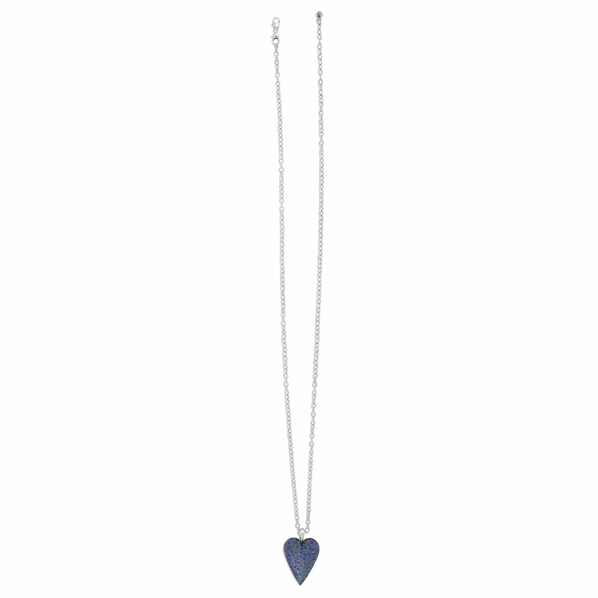 Brighton pendant necklace with silver-plated chain and blue crystal heart pendant on a white background