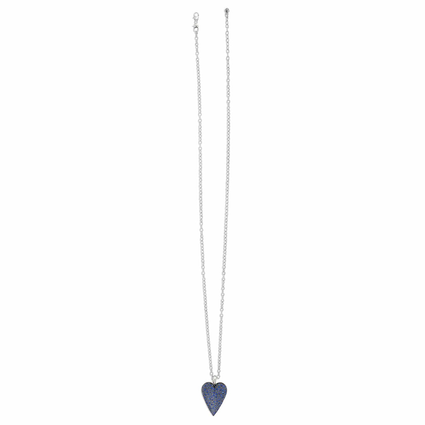Brighton pendant necklace with silver-plated chain and blue crystal heart pendant on a white background