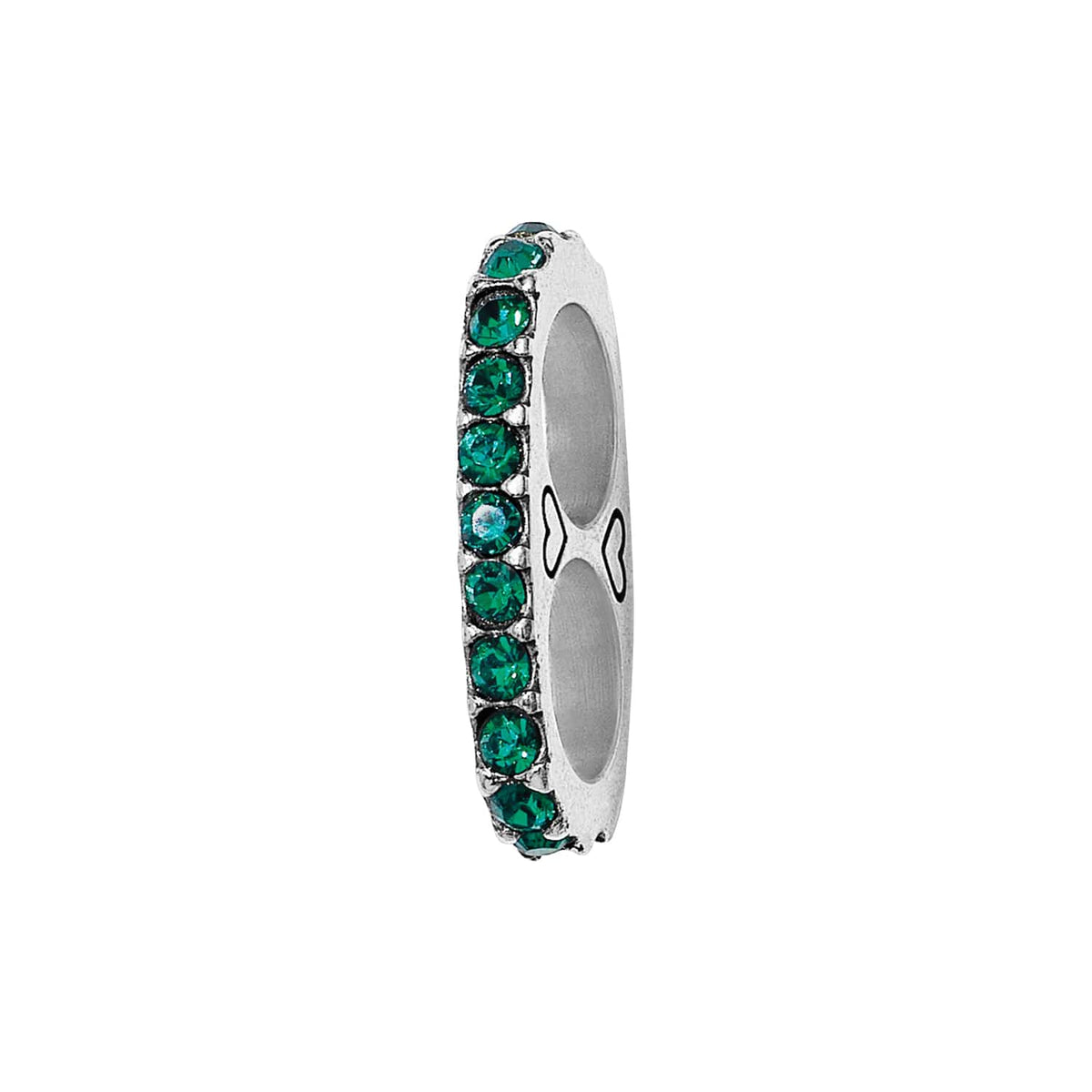 Brighton spacer charm with green crystals set in a silver-plated band shown from the side on a white background