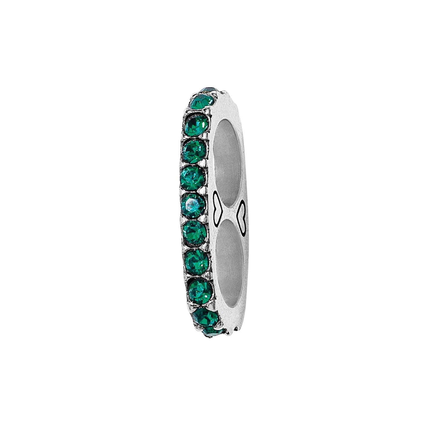 Brighton spacer charm with green crystals set in a silver-plated band shown from the side on a white background