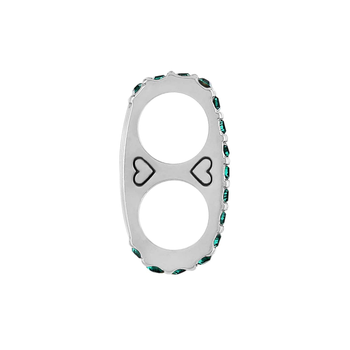 Brighton silver-plated double ring with green crystal border and small heart detailing between finger openings on a white background